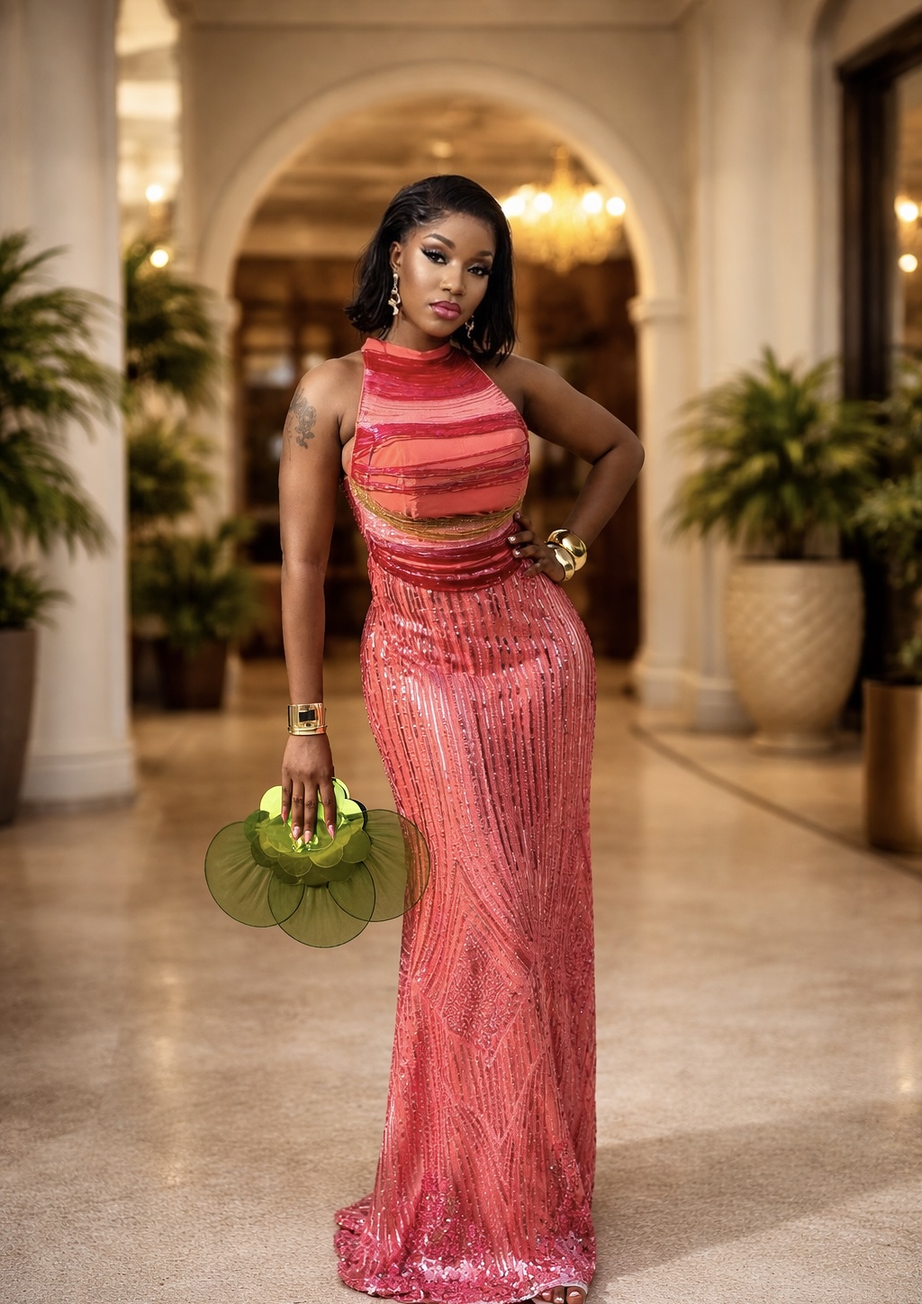 Coral sequin gown in archway