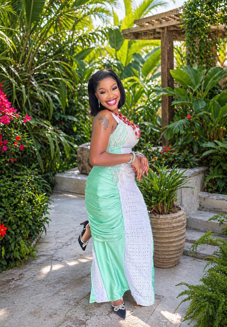 Mint and white gown in garden