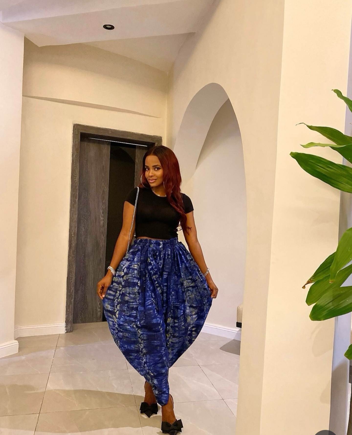 RIAALE blue printed maxi skirt with black top