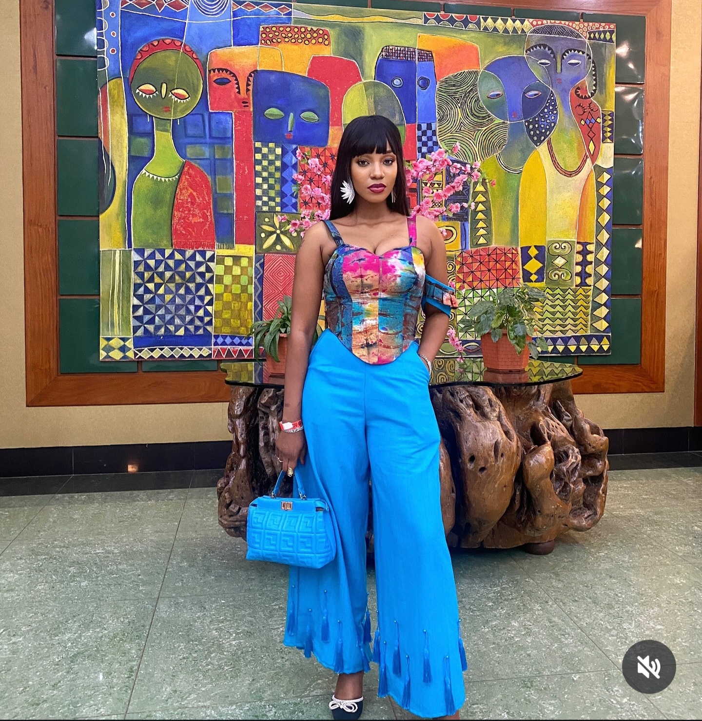 RIAALE multicolor corset with blue wide-leg fringe trousers