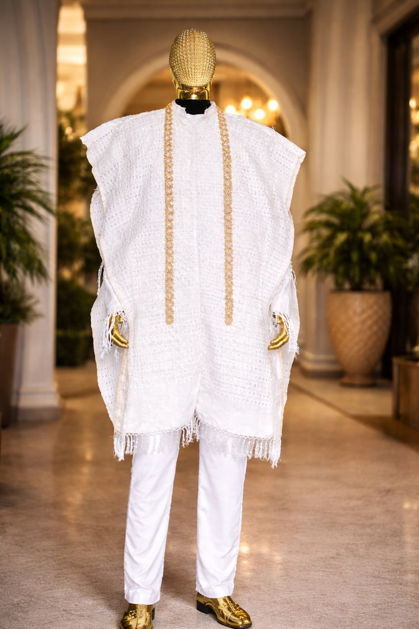 RIAALE white agbada with gold embroidered trim
